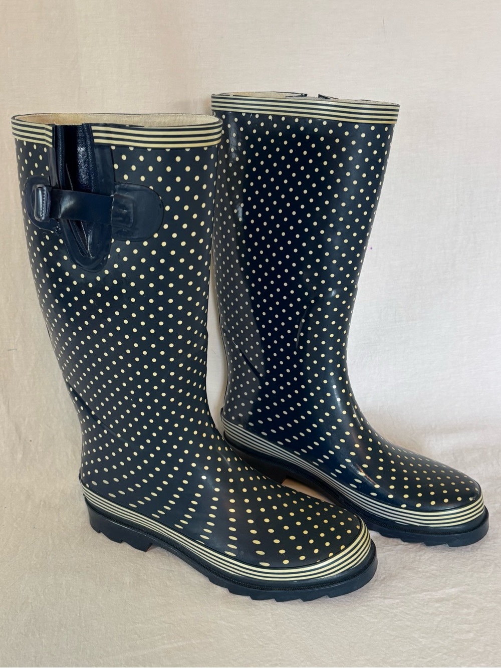 Navy Polka Dot Rain Boots Womens 9 | Preppy Coastal Cottagecore Chic